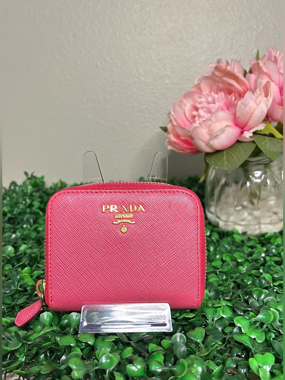 Prada Saffiano Compact Card & Cash Zipper Wallet Pink w/ COA